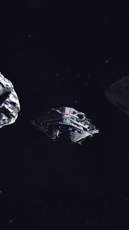 vertical shot of a futuristic spaceship flying through an asteroid field