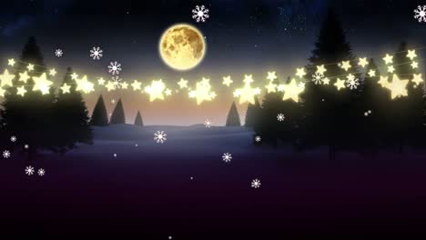 Animation-Von-Schneeflocken,-Die-Nachts-über-Bäume-Fallen,-Lichterketten-Mit-Weihnachtssternen