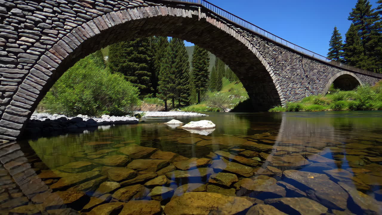 Ancient Stone Arch Bridge over a Crystal-Clear River