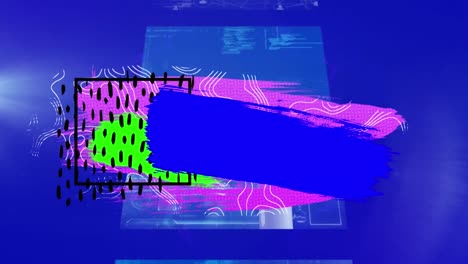 animation of colorful shapes over data processing on blue background