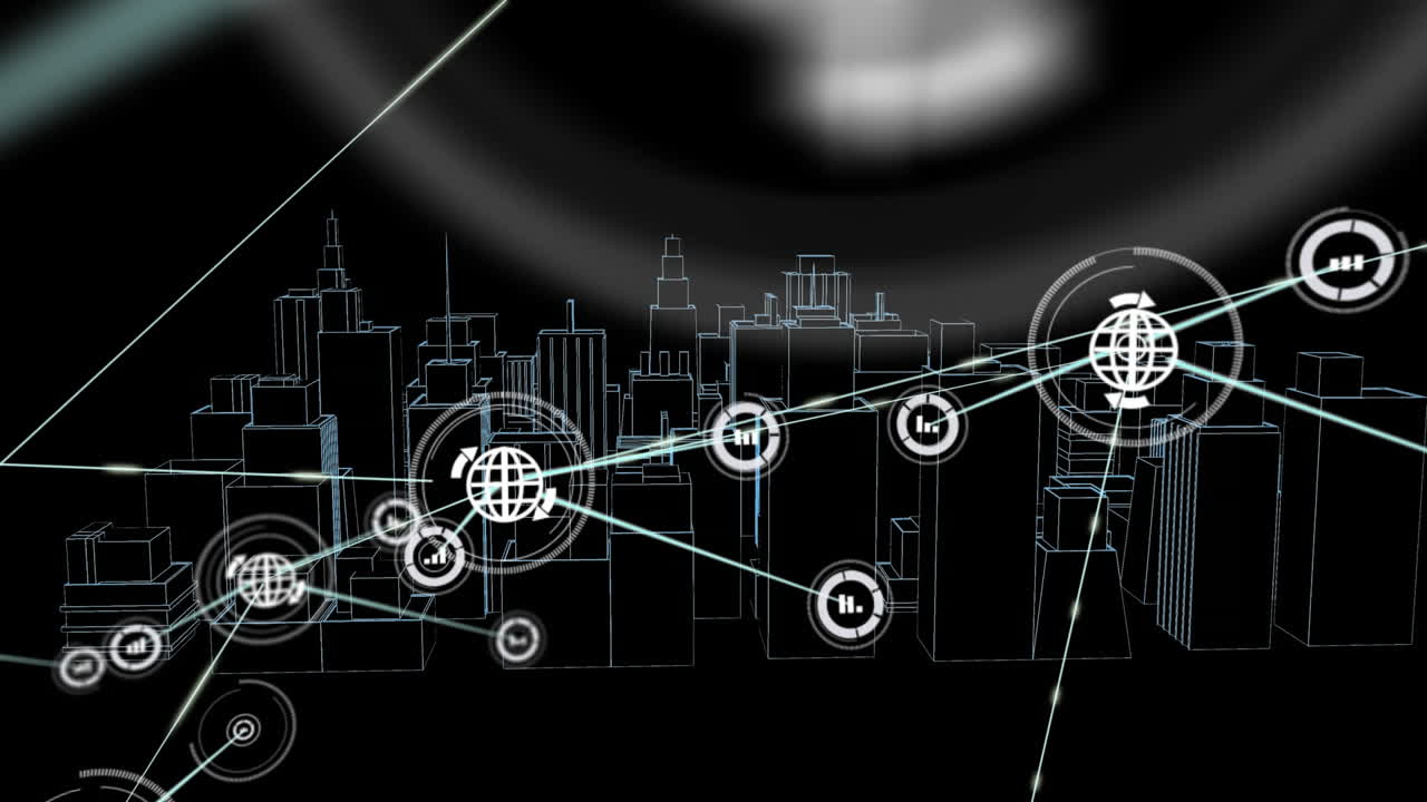 Animation of networks of connections with icons over 3d city drawing spinning on black background