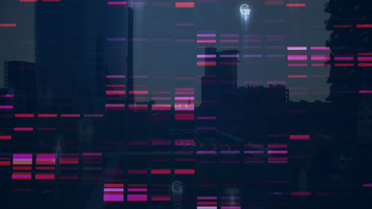 Animating DNA sequencing over cityscape with skyscrapers