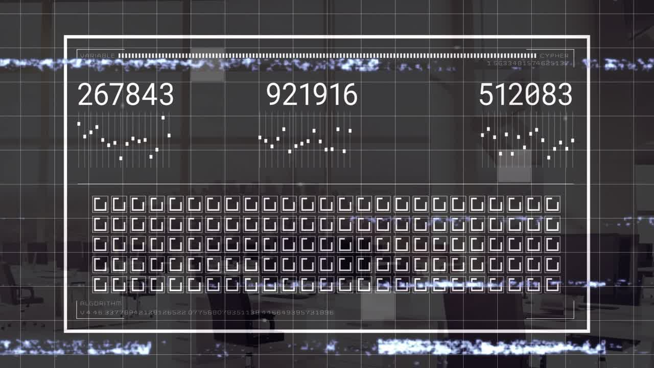 Futuristic data HUD overlay glitching over office scene, showing numeric readouts and grid icons