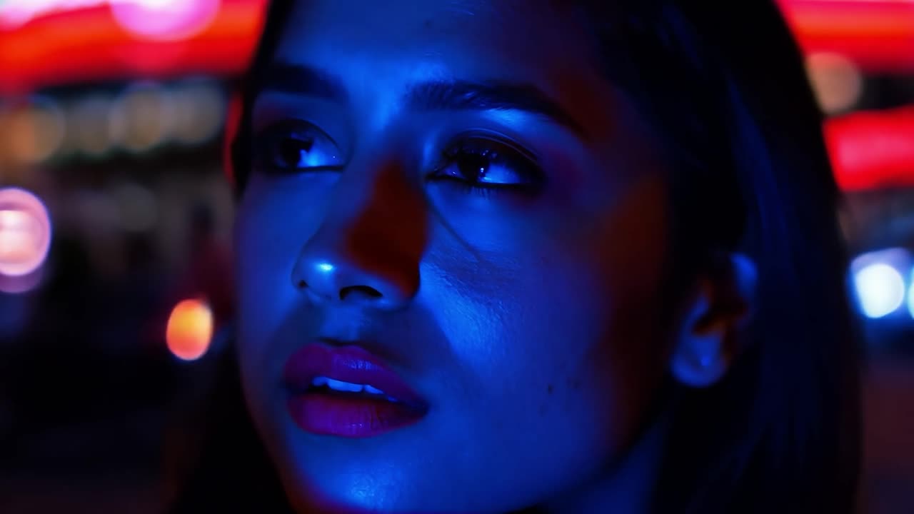mujer con luces azules en la noche
