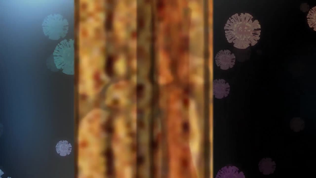 크리스마스 장식과 함께 창문을 통해 볼 수 있는 코로나 19 세포의 애니메이션