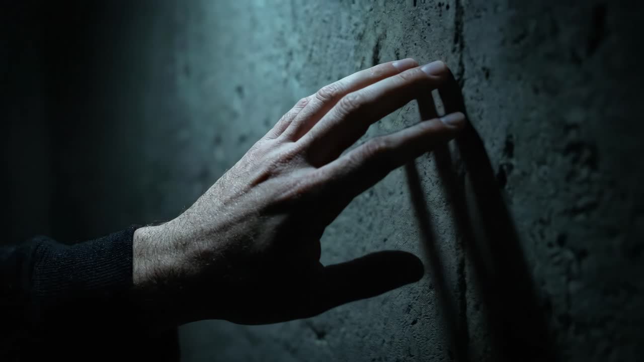 Close-up of a Hand Sliding on a Dark Concrete Wall