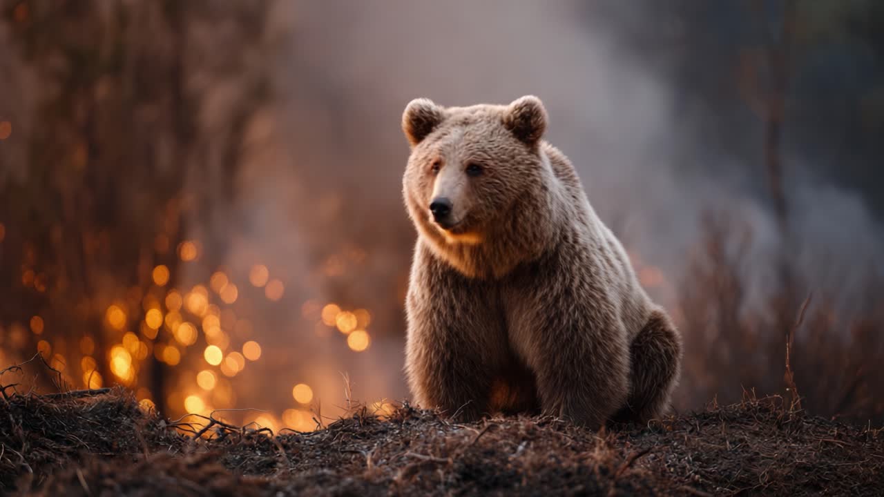 A Majestic Brown Bear Observing the Fiery Wilderness in a Stunning Display of Nature's Resilience and Beauty Amidst a Smoky Background