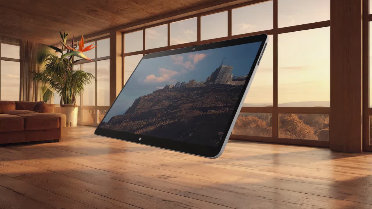 Tablet Displaying Cityscape in Modern Living Room