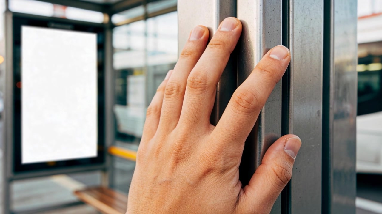 Allungando la mano destra con un braccialetto, preme e sposta una colonna di metallo alla pensilina dell'autobus, in attesa del mezzo.