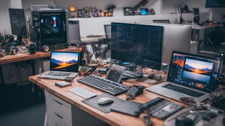Een dynamische werkplek met geavanceerde technologie en creatieve projecten op meerdere schermen, omringd door gadgets en tools in een moderne kantooromgeving