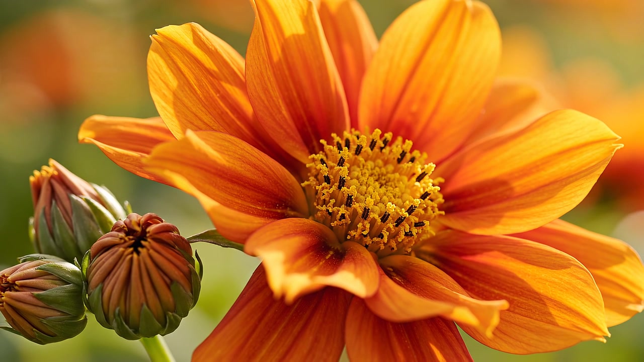 Primo piano di un vivace girasole messicano arancione con boccioli emergenti