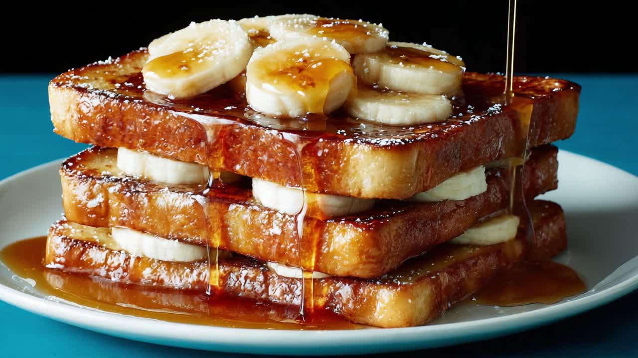 Lækre, overdådige stakke af fransk toast toppet med bananskiver og dryppet med sirup, perfekt til morgenmad eller en sød godbid