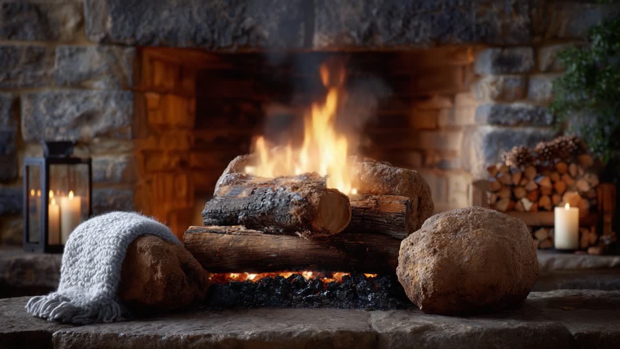 Cozy Fireplace Scene Featuring Flames, Logs, and Textures of Natural Stone and Rustic Decor to Evoke Warmth and Relaxation in a Home Setting