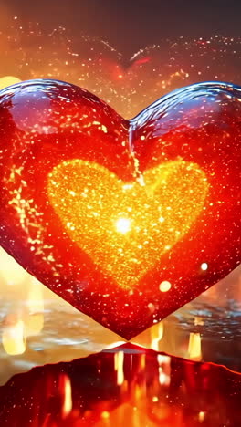 a heart made of fire is floating on a body of water. the fire is orange and the water is blue. concept of danger and destruction, as the heart is surrounded by flames and the water is murky