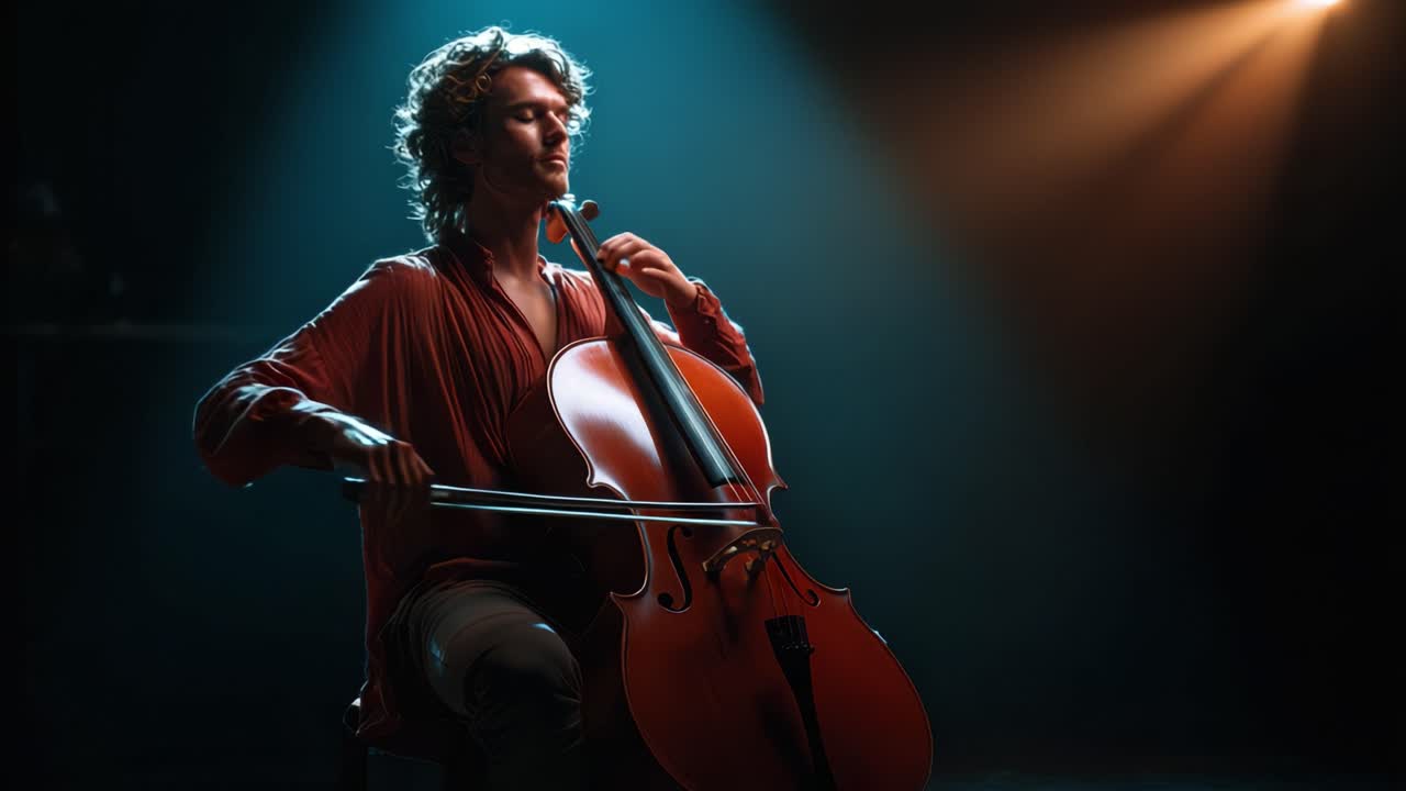 Vášnivý violoncellista uchvacuje publikum intimním vystoupením, obklopen dramatickým osvětlením a atmosférou hudebního klidu a emocí.