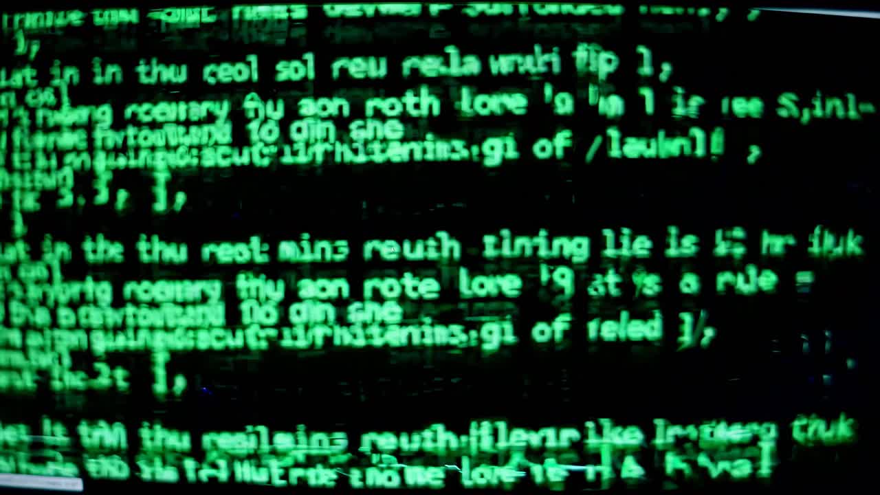 Close-up video of a computer screen displaying green text on a black background, angled slightly