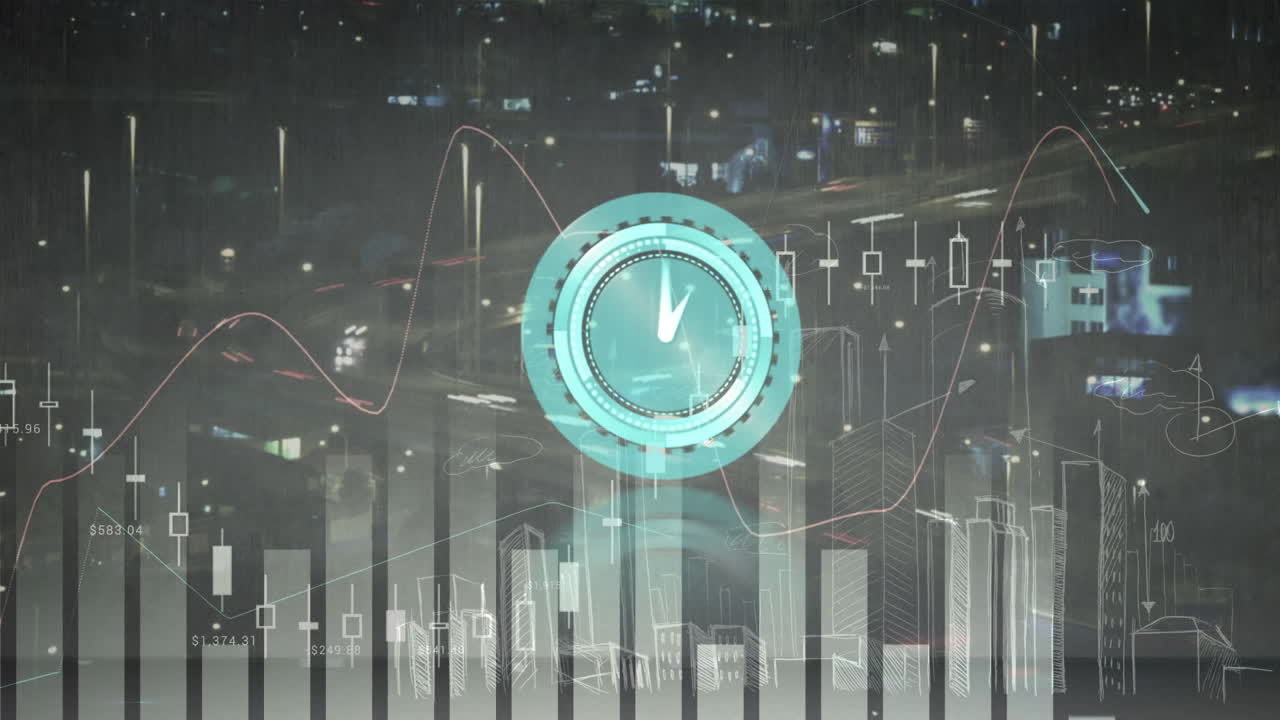 Animation of clock moving fast and statistics data processing over cityscape