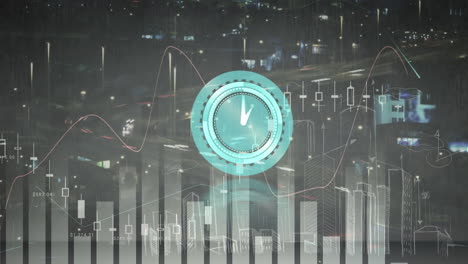 animación de reloj que se mueve rápido y procesamiento de datos estadísticos sobre el paisaje urbano
