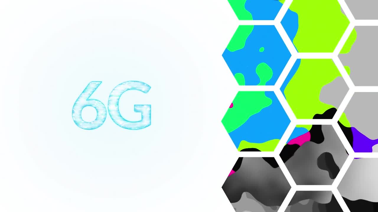 animación de texto azul pálido 6g, con manchas de colores en hexágonos, en blanco