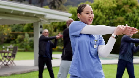 senior, people and stretching with nurse