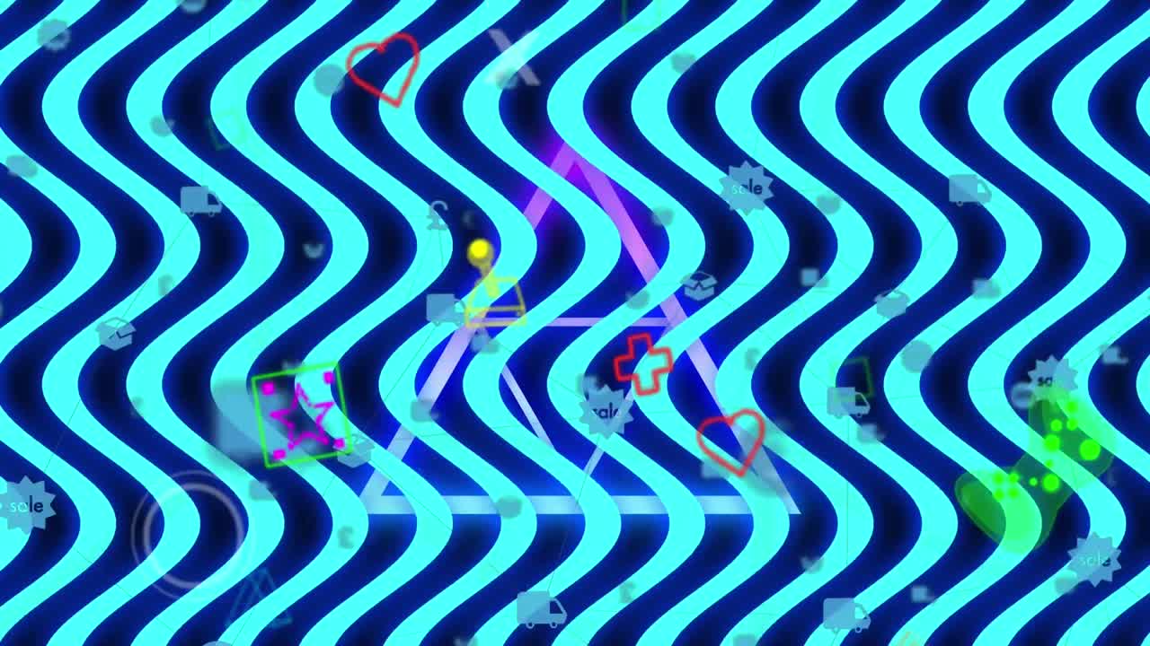 Animazione di linee blu e icone di gioco su triangolo al neon