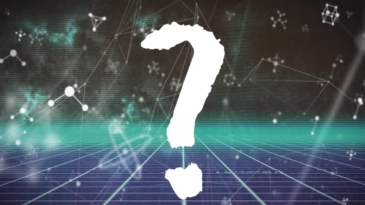 검은색 배경에 연결과 분자의 네트워크를 통해 질문 점 아이콘의 애니메이션