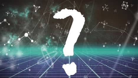 animación del icono del signo de interrogación sobre una red de conexiones y moléculas sobre fondo negro