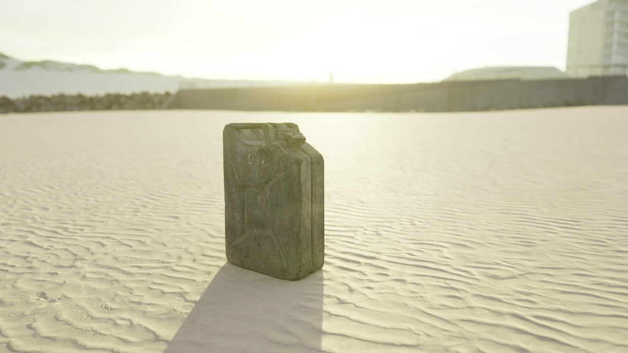 Unique structure stands in soft sand as golden light envelops the horizon