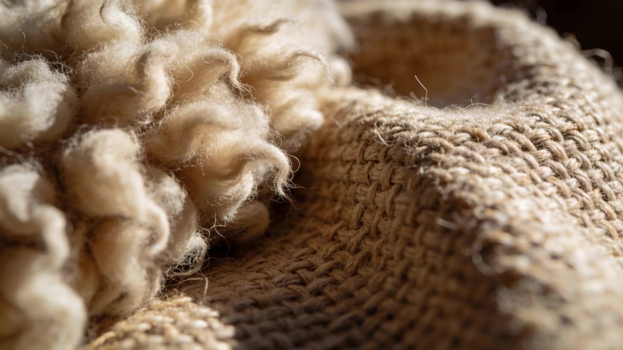Schwenkende Kamera zeigt beigefarbene Wolle, die auf einer warmen Oberfläche überlappendes Strickgewebe bildet und Stichdetails enthüllt.