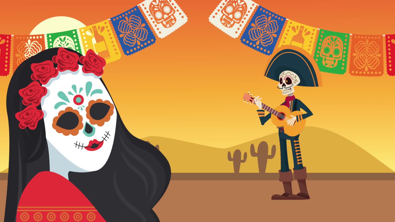 celebrazione del dia de los muertos con i teschi di katrina e mariachi
