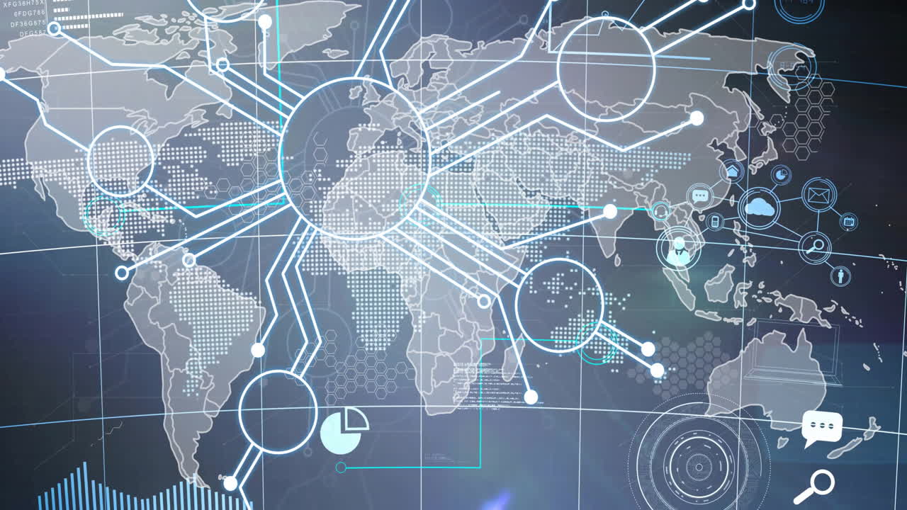 animación de la red de conexiones sobre el mapa del mundo y los iconos de los medios