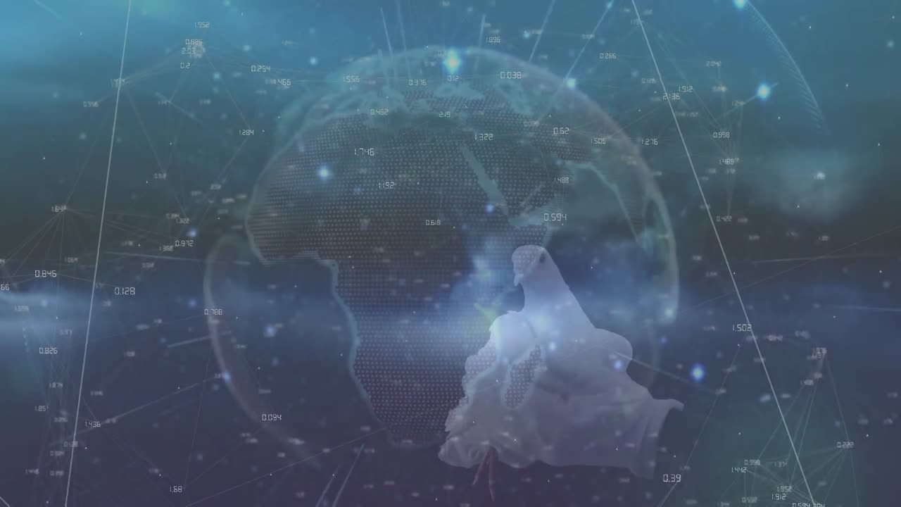 글로벌 연결 네트워크의 애니메이션과 파란색 배경에  ⁇  비둘기를 풀고 있는 손