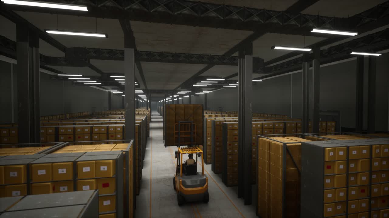 los trabajadores conducen carretillas elevadoras y transportan productos para almacenarlos en almacenes