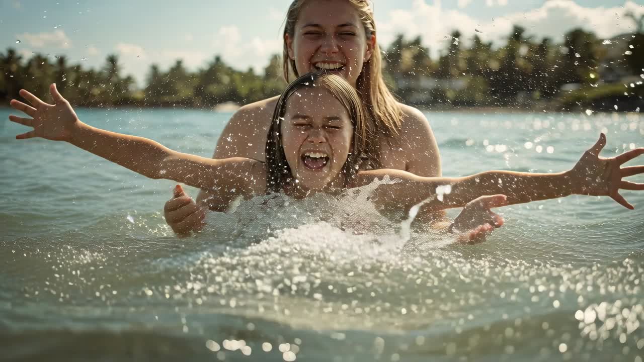 Una donna adulta in costume da bagno spinge e sostiene un bambino in costume, spingendolo per farlo giocare in un lago poco profondo