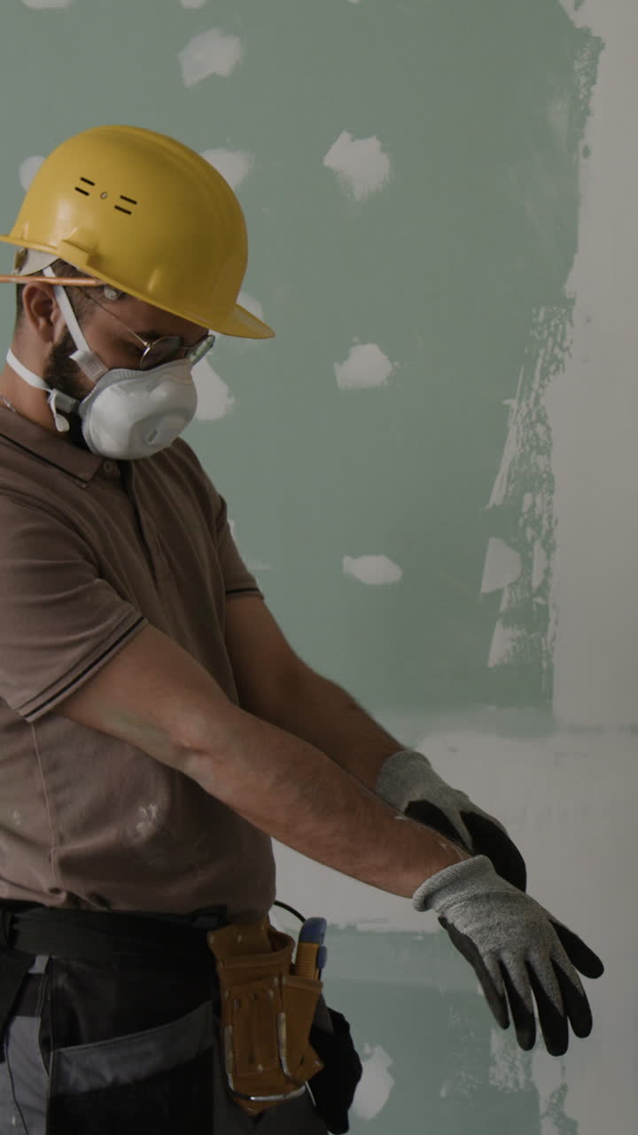 Construction worker putting on gloves