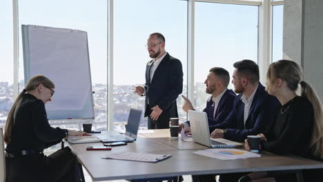 speaker is having presentation of ideas with the help of a chart. middle-aged confident employee promoting new ideas.
