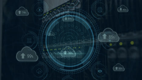 Animation of fingerprint and clouds with percents over server room and media icons