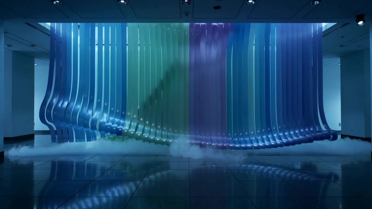 Moving hanging slats bending inward in gallery after motor activation, creating LED fog reflections