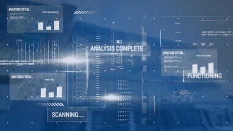 animation of statistics and financial data processing over modern cityscape