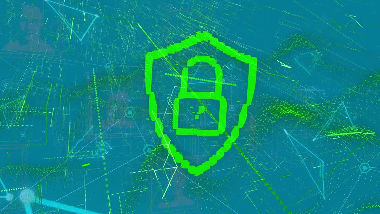 animación de candados digitales, formas y líneas sobre fondo azul