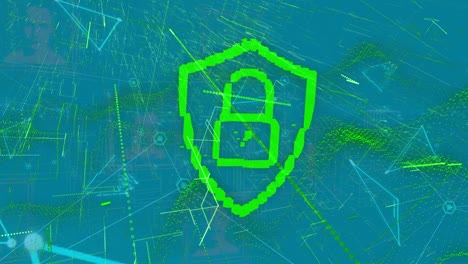 animation of digital padlock, shapes and lines on blue background