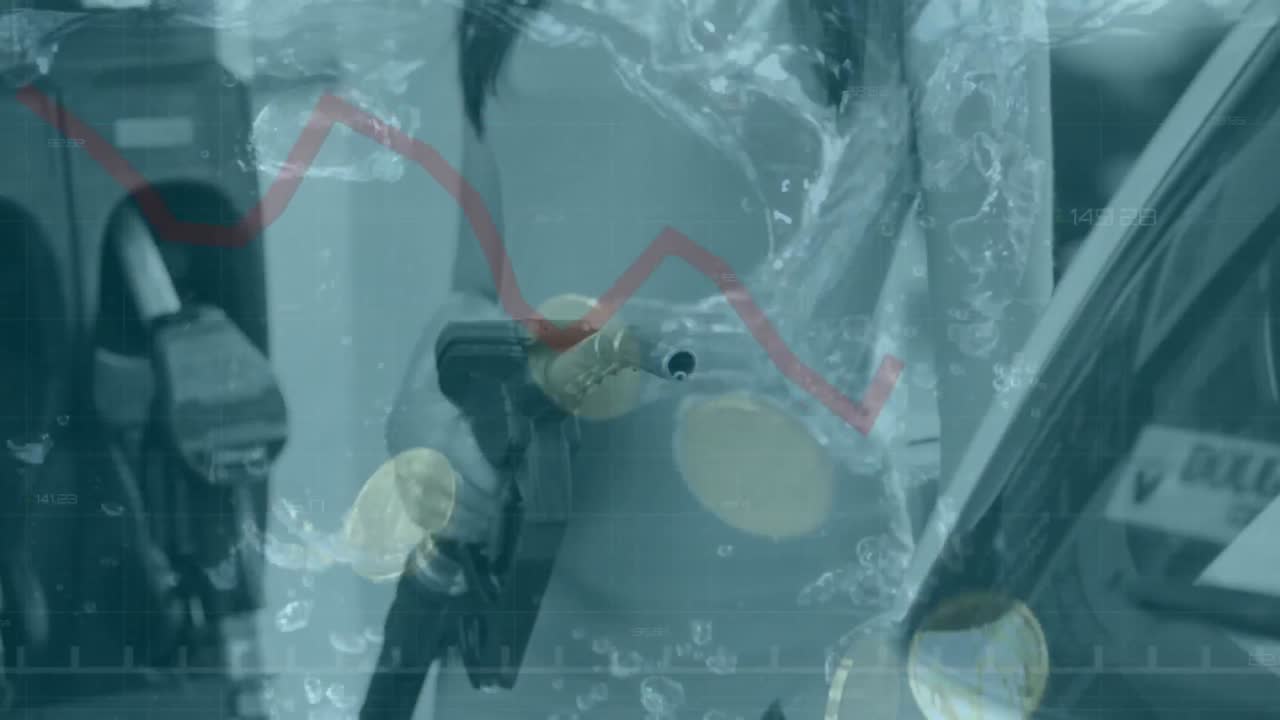 animación de grabación de línea roja y monedas cayendo en el agua sobre la mujer en la gasolinera
