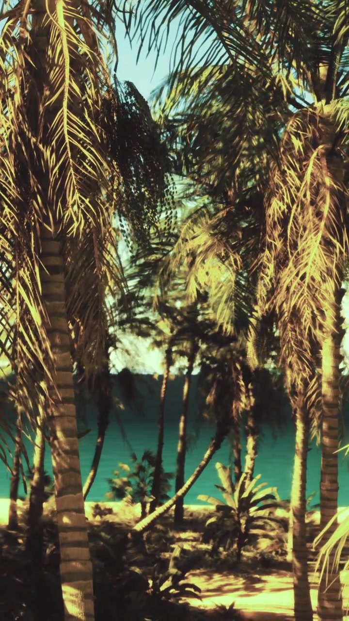 Palmen stehen am Meer mit hellblauem Wasser im Hintergrund.