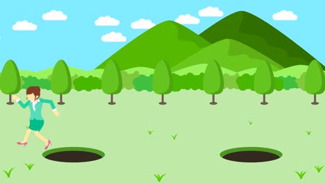 business woman jump over the hole. background of mountains. risk concept. loop illustration in flat style.