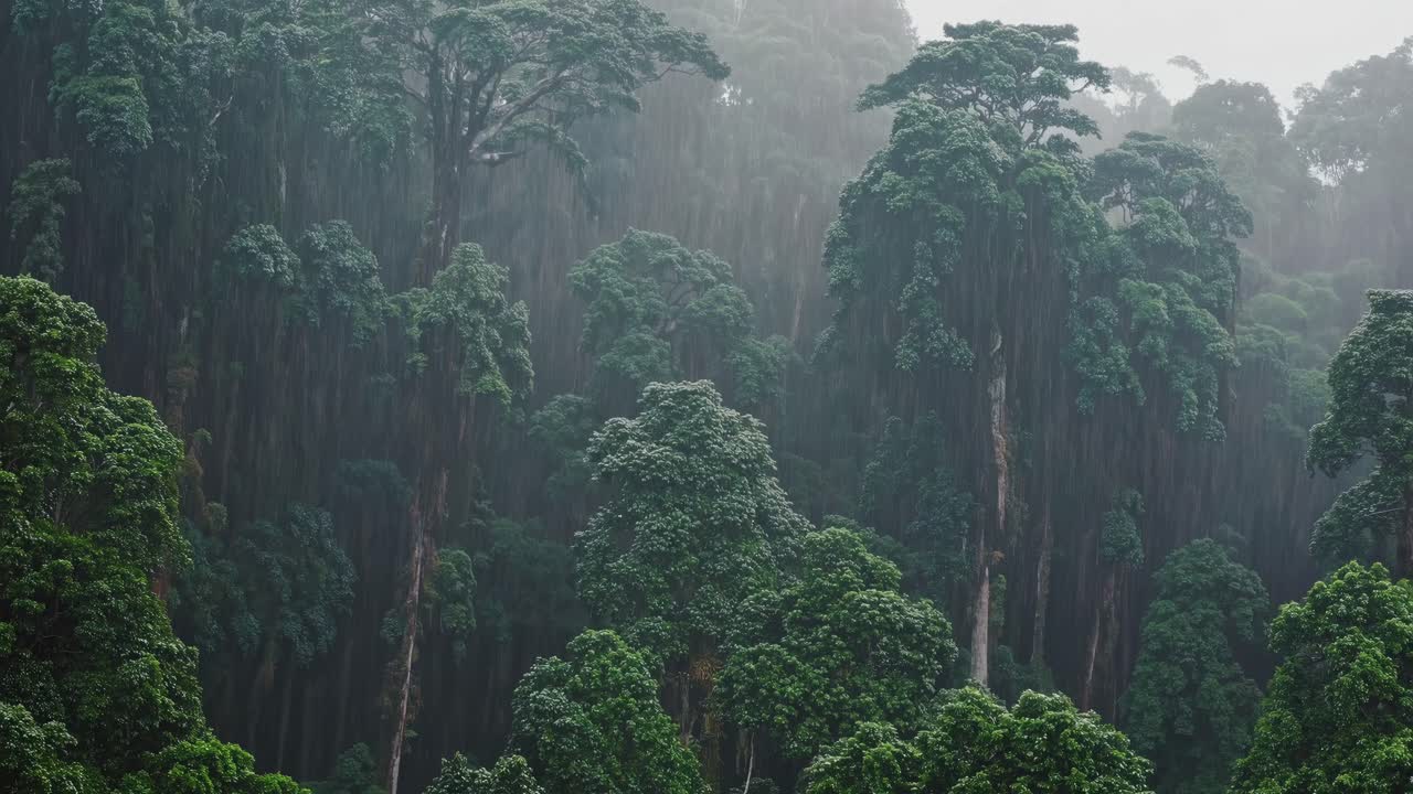 Lush rainforest canopy captured from a high angle, showcasing dense greenery and mist