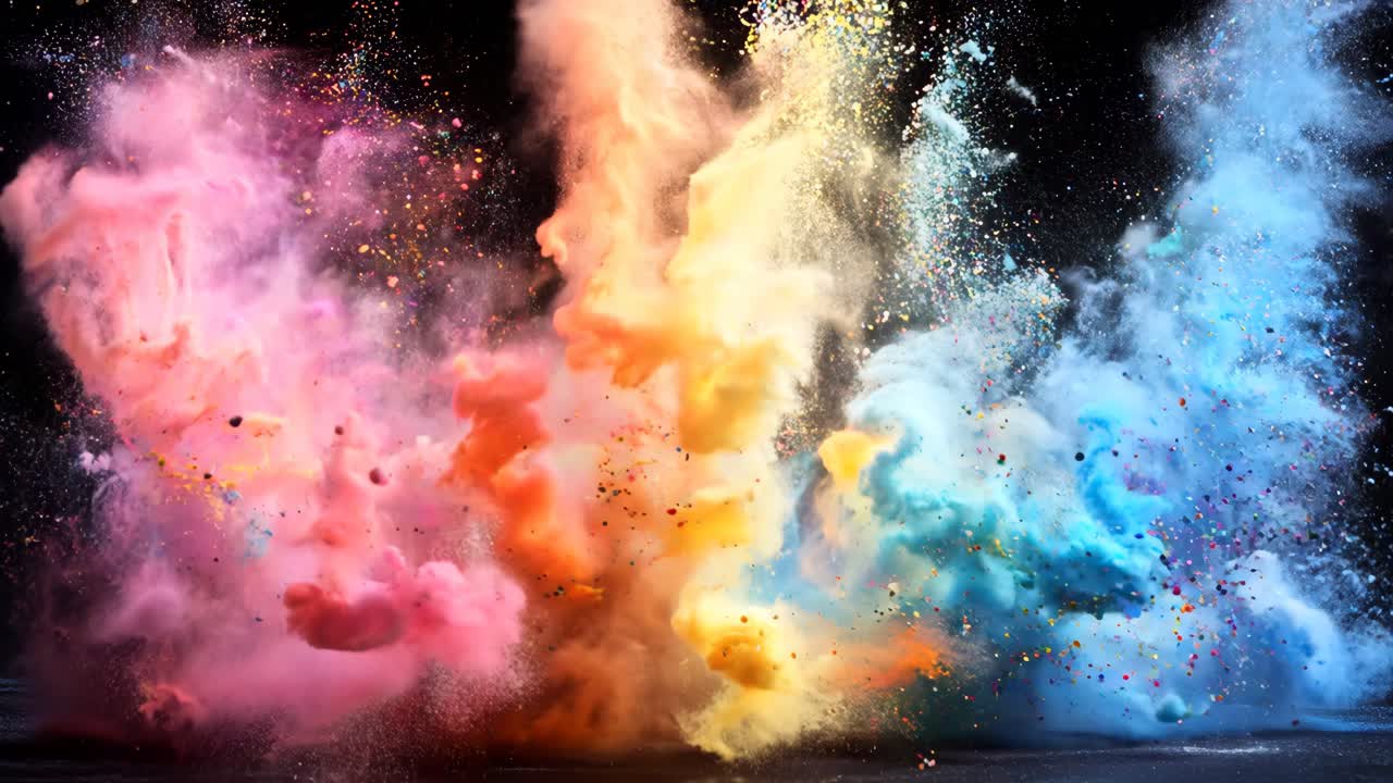 A colorful explosion of powdery material is shown in the image. The colors are vibrant and the scene is dynamic, giving off a sense of energy and excitement