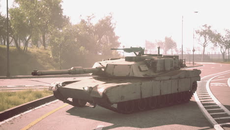 armored tank in big city