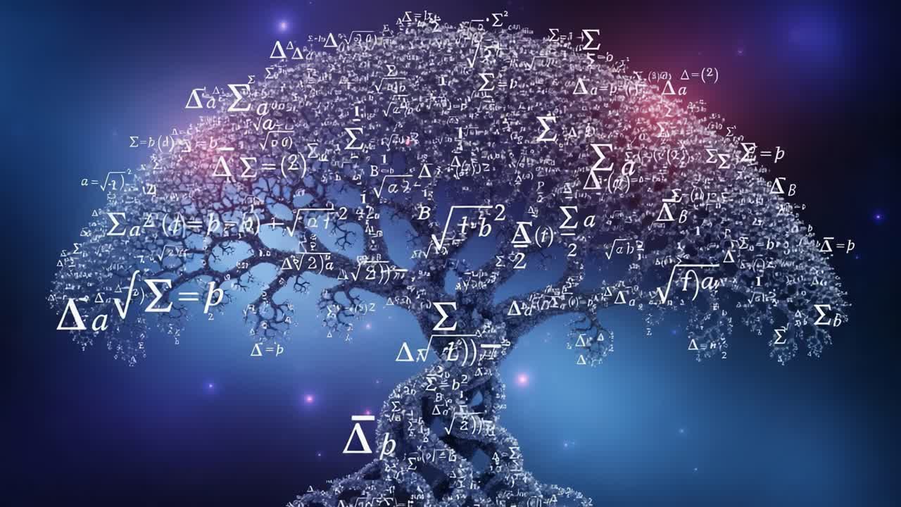 A Stunning Representation of a Mathematical Tree, Merging Nature and Mathematics Through Complex Equations and Symbols Against a Mysterious Background