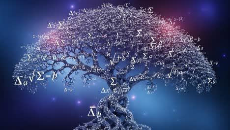 a stunning representation of a mathematical tree, merging nature and mathematics through complex equations and symbols against a mysterious background