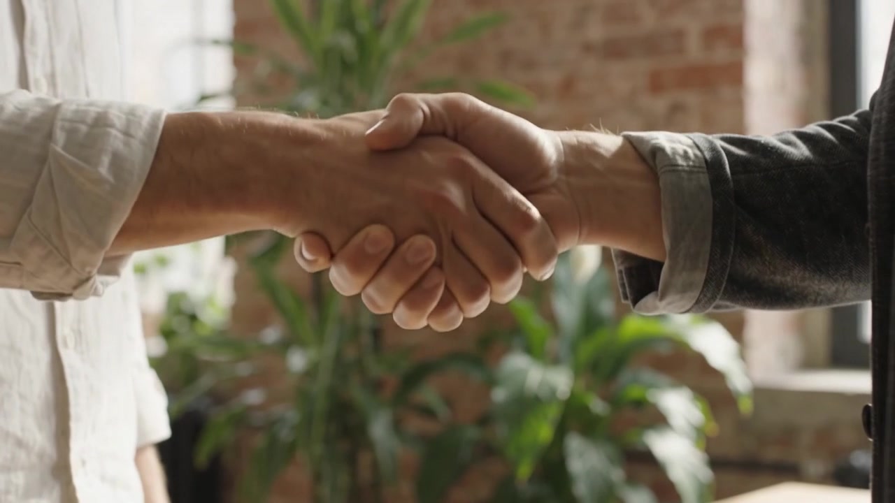 Two Businessmen Shaking Hands in a Modern Office